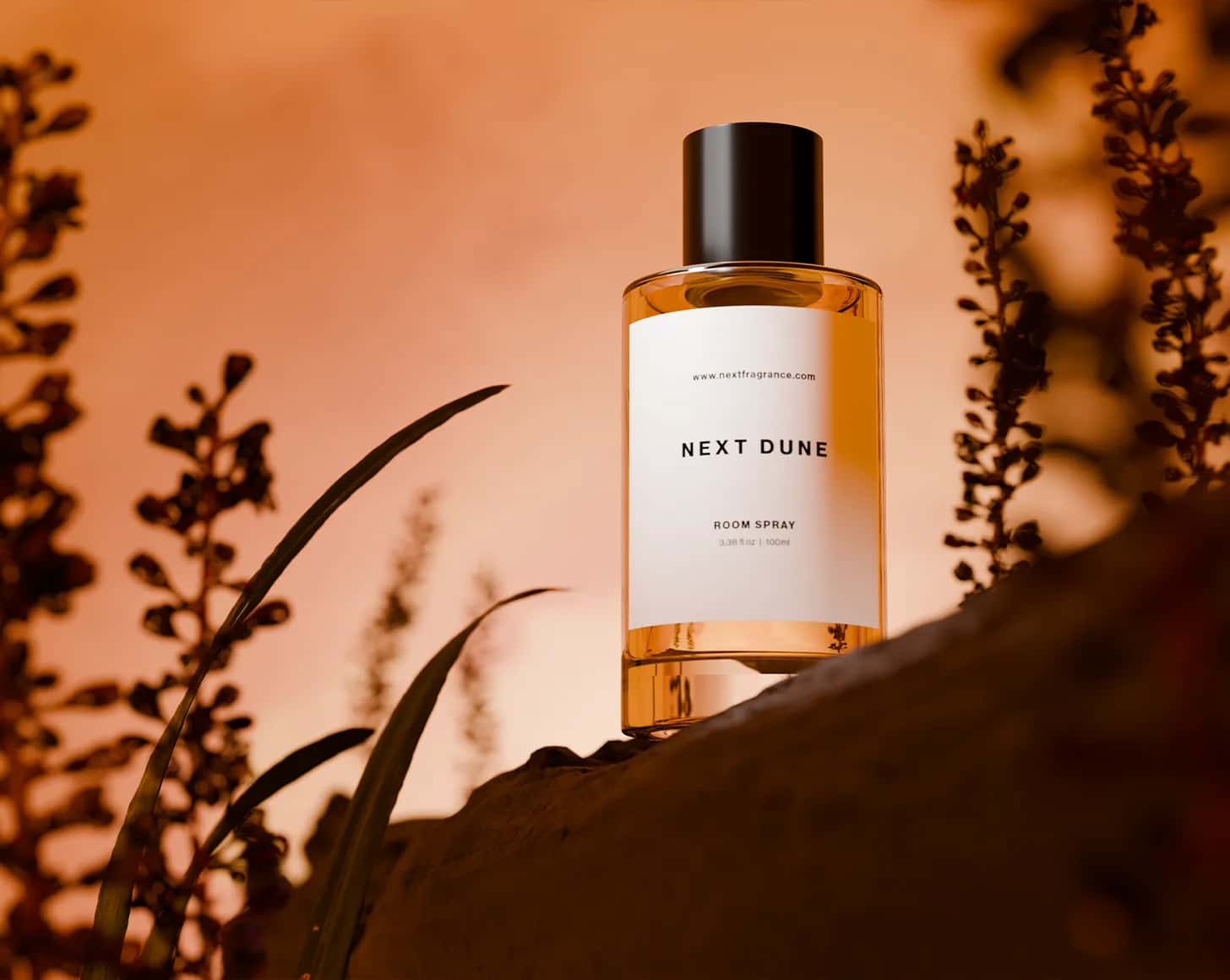 Next Dune room spray, 100ml, on a rock at dusk among desert grasses