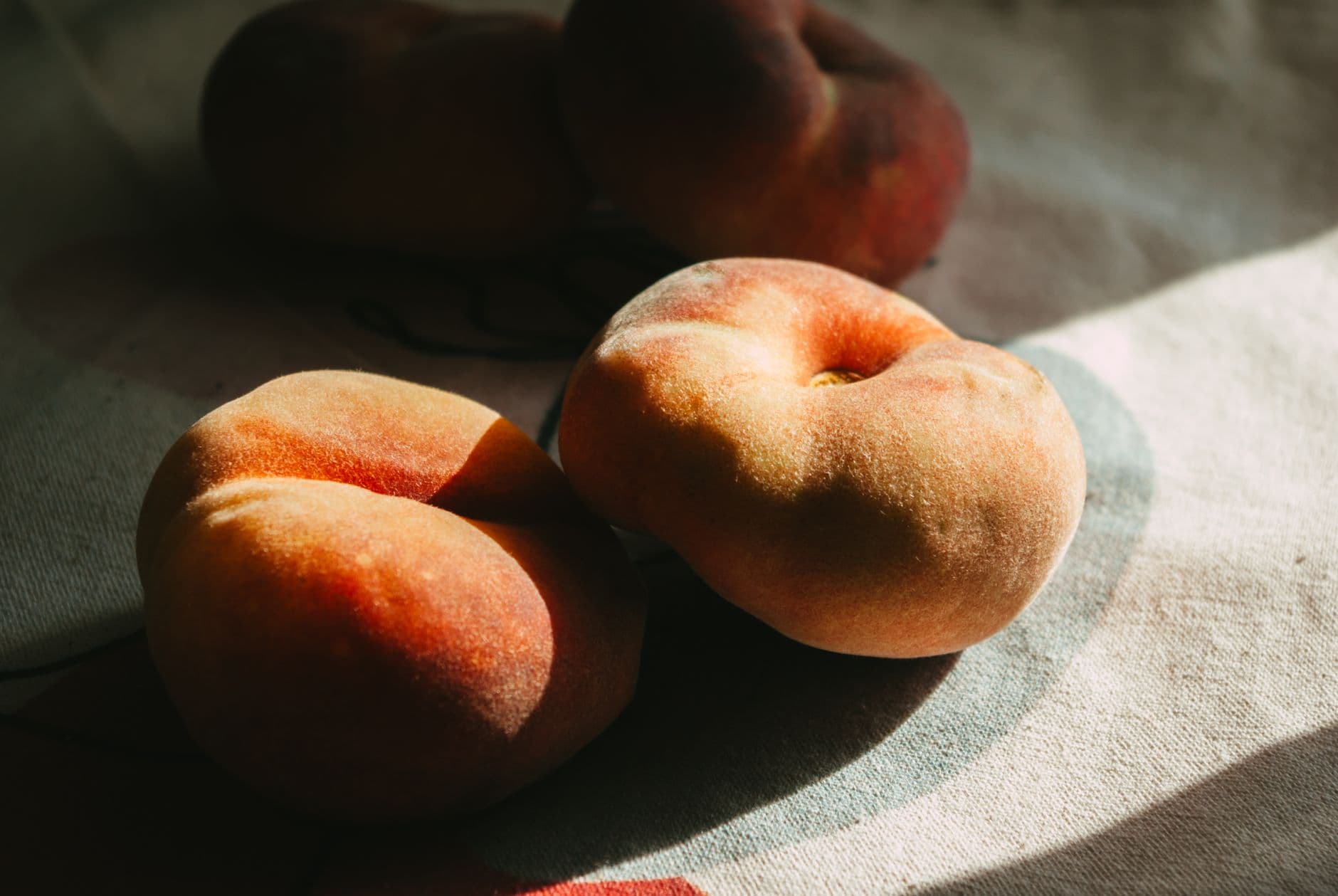 Close-up of fresh peaches in warm sunlight, perfect for still life food photography.